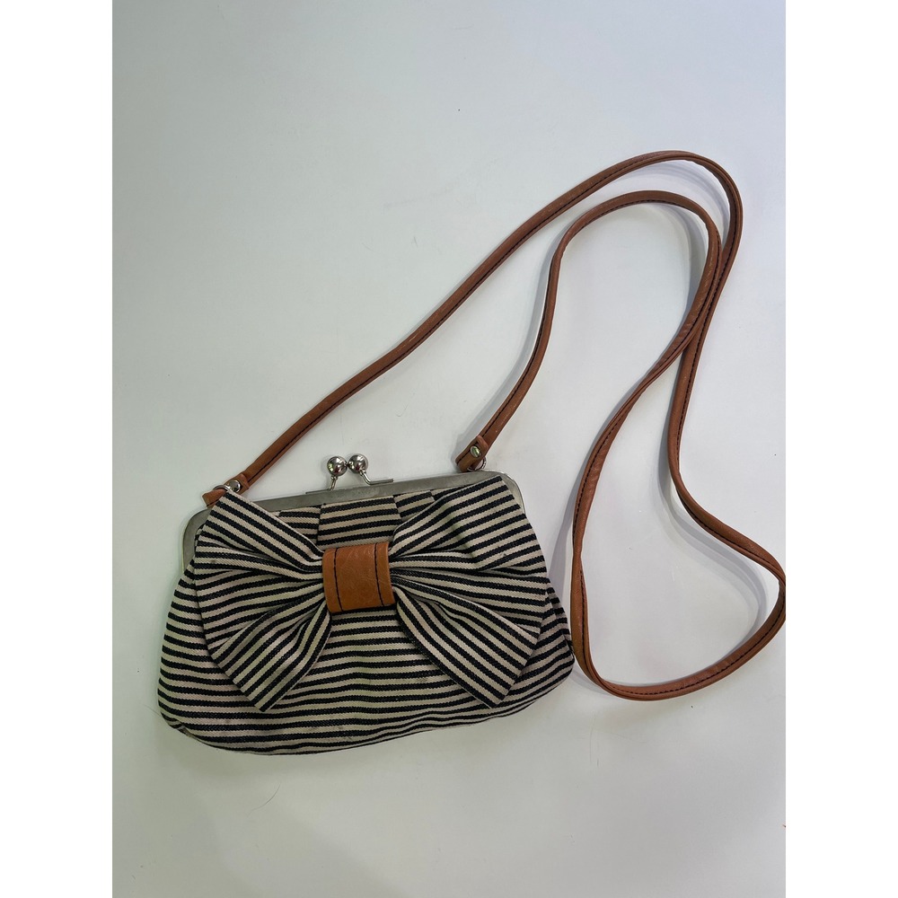 Vintage American Eagle Striped Bow Kiss Lock Crossbody Bag Black White Canvas